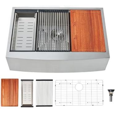 Imagem de Pia de fazenda 83 cm, avental frontal de 83 x 55 cm, pia de cozinha de fazenda, aço inoxidável, calibre 16, borda submontada, estação de trabalho, tigela única, pia rústica de luxo com todos os