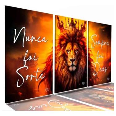 Imagem de Kit 3 Peças Quadro Decorativo Leão Rei De Judá Coroa Fogos Colorido Co