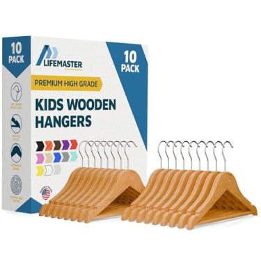 Imagem de Cabides infantis de madeira de cor natural, pacote com 10, cabides de madeira de bordo maciça de 30 cm com gancho giratório de 360°, barra para calças e entalhes, capacidade de até 3,5 kg, design que