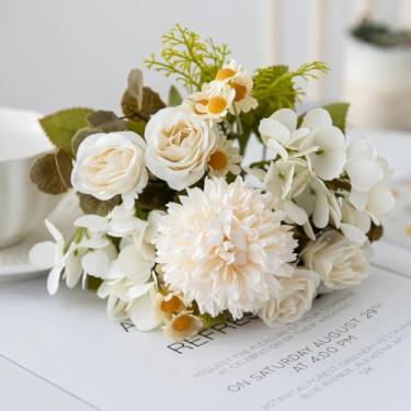 Imagem de peça de flores artificiais para casamento, decoração de quarto, buquê de noiva, jardim, rosas de seda falsas, hortênsias, vaso, placa, ar livre, faça você mesmo (1 peça/branco)