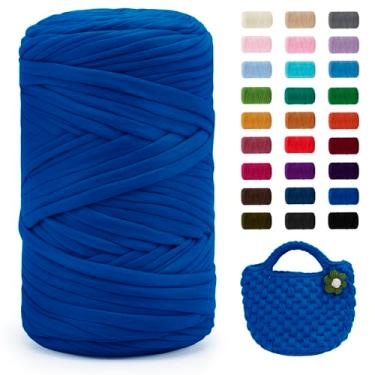 Imagem de JeogYong Fio de camiseta, 400 g/130 metros de tecido elástico para crochê, fita grossa de tecido de poliéster para sacos de crochê/cestas/tapetes, decoração de casa, artesanato DIY (azul royal)