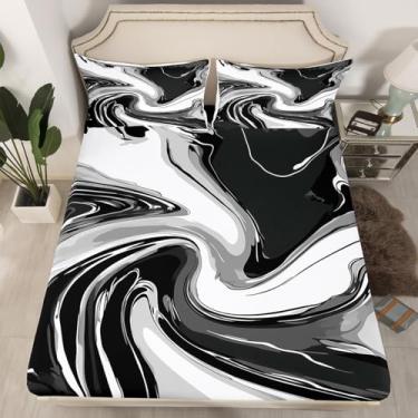 Imagem de jejeloiu Jogo de lençol Queen preto e branco, arte abstrata, arte moderna, respirável, geométrico, para decoração de quarto