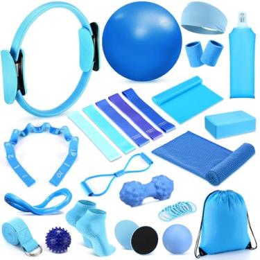 Imagem de Halloscume Kit de 24 peças de pilates em casa para mulheres, conjunto de anel e bola de equipamento de Pilates com alça de alongamento, garrafa de água, círculo mágico, anel de ioga, bolsa de