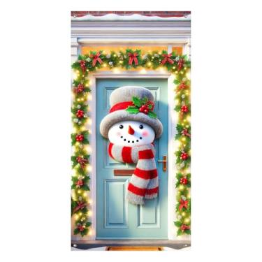 Imagem de BlissYard Capa de porta de Natal, boneco de neve, guirlanda, luzes 188 x 89 cm para porta da frente, faixa de varanda de feliz Natal, decoração de entrada sazonal, decoração de portas de pátio, placa