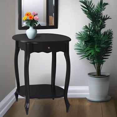 Imagem de Mesa De Apoio Oval Clássica Decorativa De Madeira Com Pés Luiz Xv - Preto Laca