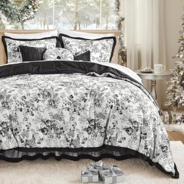 Imagem de Wonderful Conjunto de edredom queen de algodão, 5 peças, floral, preto, com fronhas, saia para cama e travesseiro decorativo, leve em uma bolsa para todas as estações