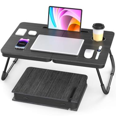 Imagem de BUYIFY Mesa de laptop dobrável portátil para cama e sofá, mesa de colo ajustável com suporte de copo e suporte de telefone, ideal para trabalhar, ler, escrever e café da manhã - preto003
