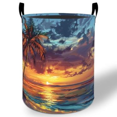 Imagem de Cesto de lavanderia com palmeira, pôr do sol, 50 cm x 40 cm, balde de armazenamento de roupas Oxford dobrável à prova d'água para quarto, banheiro, quarto de bebê, organizador de brinquedos, presentes