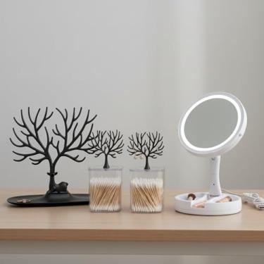 Imagem de Kit Espelho Facial com LED Articulável para Maquiagem Com Aumento 10x Dupla Face + Porta Joias Organizadora Árvore + Porta Algodão e Cotonete Acrílico com Tampa. (PRETO)