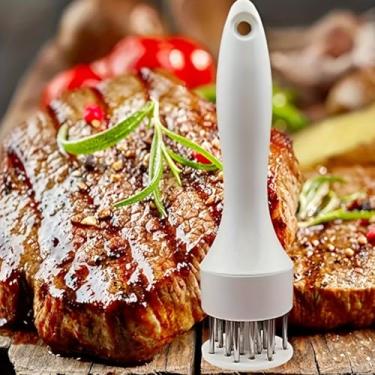 Imagem de Ferramenta de amaciador de carne de aço inoxidável – martelo de carne manual portátil com cabo preto ergonômico e agulhas de metal, ideal para amaciar carne de porco, frango, carne bovina, utensílio