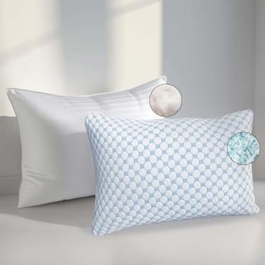 Imagem de Nestl Conjunto de travesseiro de espuma viscoelástica refrescante com travesseiros alternativos de plumas - Conjunto Queen Size com 2, 1 macio e 1 firme, ajustável para dormir, nas costas, no estômago