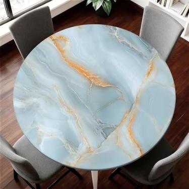 Imagem de Yesad Toalha de mesa elástica para mesas redondas, capa de mesa impermeável para mesa redonda de até 155 a 165 cm, capa de mesa de jantar para ambientes internos e externos, férias, mármore azul