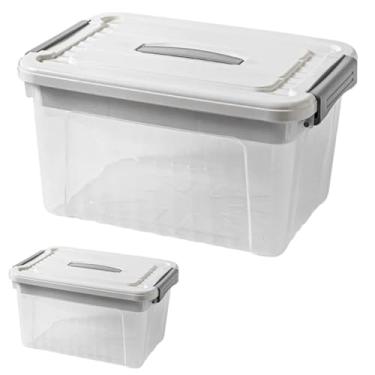 Imagem de Caixa Organizadora Multiuso com Tampa, Plástico Transparente e Branco, 20 Litros, Empilhável, 22x28x38,5cm, Sistema de Travas Laterais