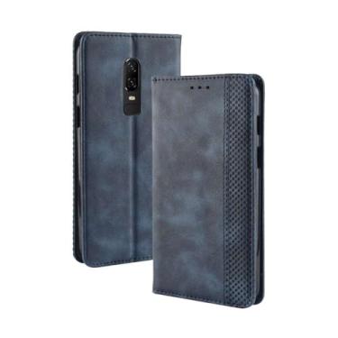 Imagem de Capa para OnePlus 6,Retro Flip magnético,Caso de telefone de couro PU,Design de carteira com 3 slots de cartão e 1 clipe de dinheiro -Blue