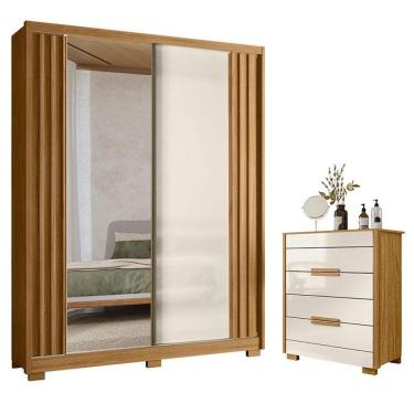 Imagem de Guarda Roupa Solteiro Colorado E Cômoda Dhara Freijó Off White Com Espelho - Moval