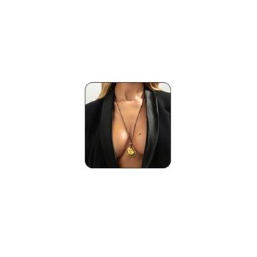 Imagem de Colar longo feminino grosso de feijão dourado grande prata círculo oval colar de seixos colares longos boho cordão preto com pingente grande caubói chique roupa de vaqueira Natal joia grossa, Large