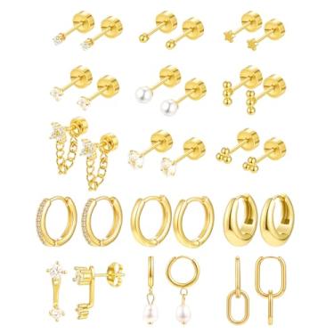 Imagem de GEPAPE Brincos hipoalergênicos banhados a ouro 14 K para vários piercings 20 g cartilagem brincos para mulheres na moda brincos pequenos brincos de argola plana, 20g, Aço inoxidável, Zircônia cúbica