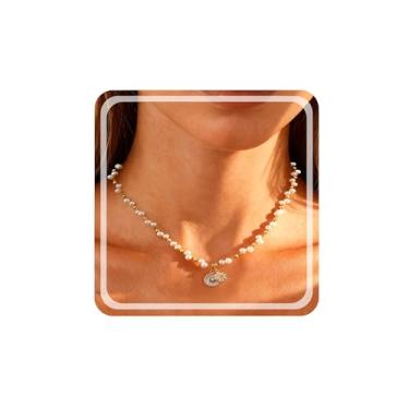 Imagem de Gmai Colar de pérolas para mulheres, banhado a ouro 14K, feito à mão, corrente dupla, pingente de pérola cruzada com pingente de zircão azul e branco, colar barroco delicado para presente de casamento