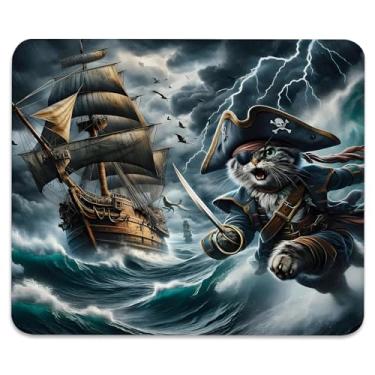 Imagem de Mouse pad engraçado gato aventura navio vela antiderrapante jogos e escritório com bordas costuradas 9,5 x 7,9 polegadas, bonito pirata gatinho no oceano tempestuoso ondas durável superfície lisa