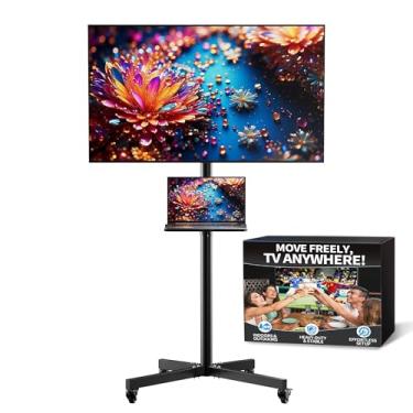 Imagem de Suporte de TV giratório para TVs de tela LCD LED plana/curva de 26-55 polegadas, suporte de TV portátil com rodas e prateleira de mídia. Carrinho de TV com ângulo ajustável com rodas traváveis, VESA