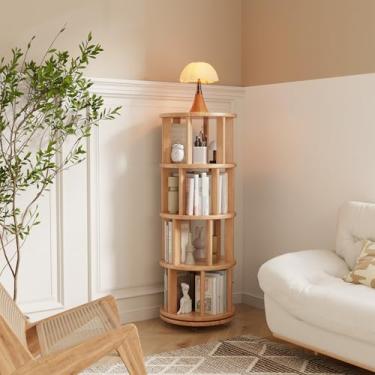 Imagem de liziqiSelected Estante giratória móvel com rodas – estante giratória de madeira maciça 360° 4 níveis estante giratória prateleira de canto para espaço pequeno