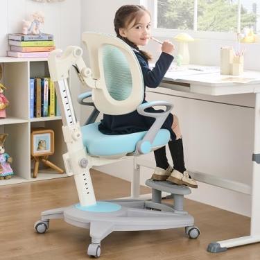 Imagem de ERIYA Cadeira de mesa ergonômica infantil com apoio para os pés e assento ajustável em altura, multifuncional para estudo, trabalho e jantar – Almofada confortável e rodas lisas para meninos e meninas