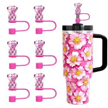 Imagem de JIASHEBDE Conjunto de topo de palha de diamante para Stanley Cup 850 g 1,134 g, tampas de strass brilhantes, capas de silicone reutilizáveis à prova de poeira para presentes femininos (6 peças rosa