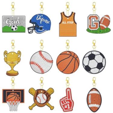 Imagem de 12 peças de bolas esportivas 5D DIY diamante pintura arte chaveiros kits para iniciantes adultos bolas esportivas penduradas dupla face chaveiros e ornamentos para presentes de decoração (key04)