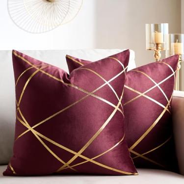 Imagem de ExlizonDeco Capas de almofada decorativas vinho tinto de veludo dourado conjunto de 20 x 20 capas de almofada modernas de luxo estampadas em bronze para casas modernas, sofá, quarto, sala de estar