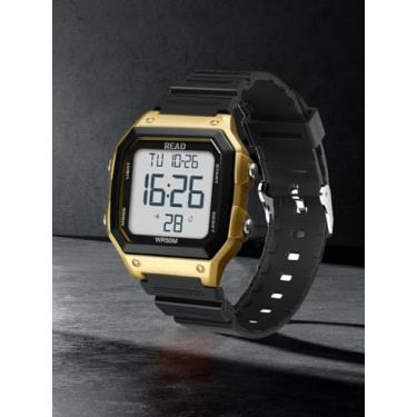 Imagem de Relógios digitais com caixa quadrada esportiva à prova d'água, relógio de pulso masculino com luz noturna LED alarme data cronômetro, Dourado