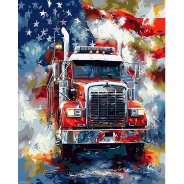 Imagem de XTXGERL Kit Paint by Numbers Caminhão de bombeiros colorido bandeira americana para adultos em tela com pincéis, pigmento acrílico, pintura a óleo faça você mesmo para decoração de parede de casa (40
