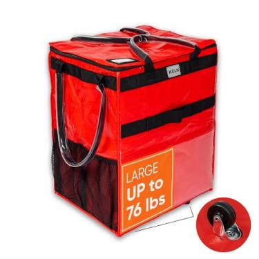 Imagem de KELN Sacola com rodinhas – Carrinho de compras dobrável com fecho de zíper – Bolsa de compras dobrável resistente com alça – Organizador de viagem à prova d'água – carrega até 30 kg – vermelha