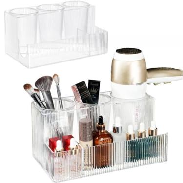 Imagem de Organizador de ferramentas de escova de cabelo, suporte de secador de cabelo, design ondulado de acrílico transparente, com 3 copos removíveis, para maquiagem de banheiro, bancada e organizadores