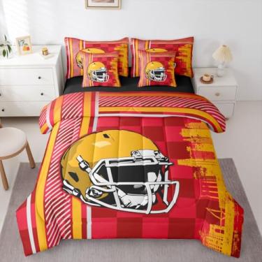 Imagem de Jogo de lençol solteiro com edredom de futebol americano, 7 peças, jogo de cama esportivo de rúgbi, bola de rúgbi, capacete de futebol americano, jogos competitivos, europeu, amarelo, vermelho (Kansas