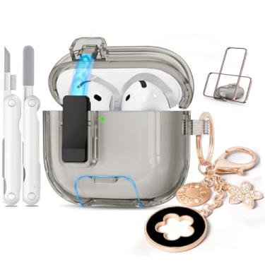 Imagem de Joremx Capa transparente para Airpods 4, capa transparente de TPU macio para Apple Airpods 4ª geração (2024) com kit de limpeza trava e chaveiro brilhante, função de suporte de telefone (preto)