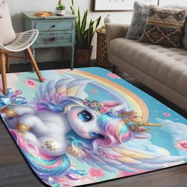 Imagem de Tapete de área para sala de estar, lavável à máquina, lindo unicórnio colorido, antiderrapante, tapete macio para sala de estar, quarto, sala de jantar, berçário, cozinha, decoração de casa