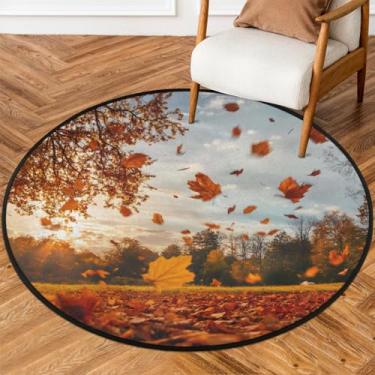 Imagem de Tapete redondo pequeno de 1,5 m, folhas caídas, floresta de outono, tapete circular antiderrapante, lavável, tapete de porta circular para quarto, sala de estar, berçário, cozinha, banheiro, entrada