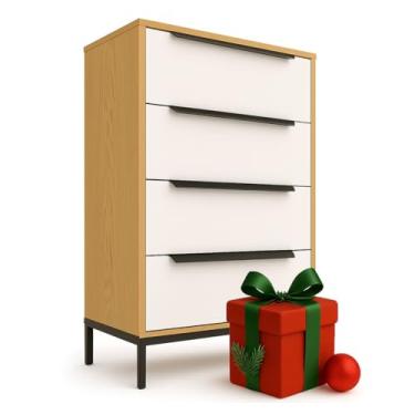 Imagem de Cômoda de tecido premium Lira – moldura de madeira maciça, 4 gavetas espaçosas à prova de queda com alças de metal elegantes – solução de armazenamento elegante e durável para sua casa (marrom claro)