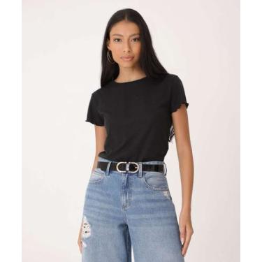 Imagem de Blusa Feminina Canelada Manga Curta Babado Marisa-41090, Preto, G