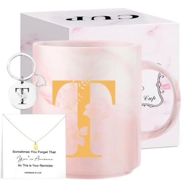 Imagem de Presentes de Natal com monograma para mulheres, caneca de chá de cerâmica inicial de 325 ml com colar, presente de aniversário exclusivo para sua esposa, professora, amiga, mãe, T