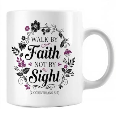 Imagem de ONRRI Caneca de cerâmica Walk By Faith Not By Sight de 325 ml para mulheres cristãs e homens, xícara de café das escrituras, segura para micro-ondas, verso da Bíblia floral dupla face, presente, 2