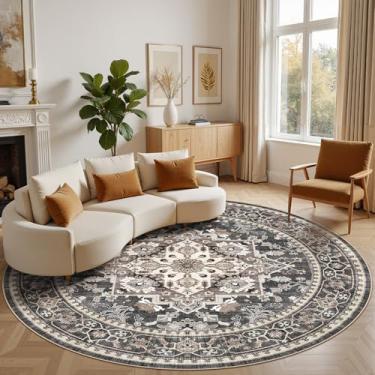 Imagem de Micgeek Tapete redondo de 2,4 m: lavável vintage neutro macio antiderrapante tapete grande para sala de estar quarto cozinha sala de jantar casa escritório fazenda interior - preto