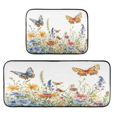 Imagem de Qilmy Tapetes de cozinha de flores silvestres e borboletas, 2 peças, tapete de entrada frontal, antiderrapante, alivia a fadiga, lavável, tapete para cozinha, quarto, varanda636