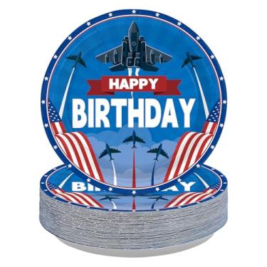 Imagem de Greencian 50 peças de artigos de festa da Força Aérea de 23 cm, pratos de papel com tema de jato militar, descartáveis, utensílios de mesa para homens e meninos, tema de caça a jato, artigos de festa