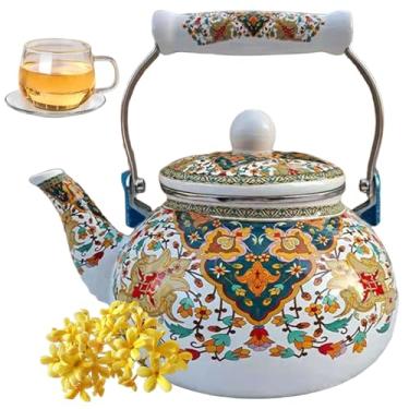 Imagem de Yadlan Bule de chá vintage esmaltado de 2,5 L, chaleira de indução resistente ao calor com alça de toque frio, sem apito, fácil de limpar, bule de chá para uso em fogão