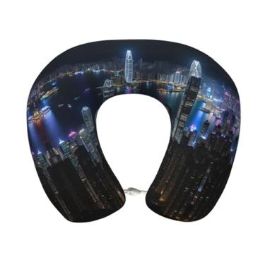 Imagem de Travesseiro de pescoço de viagem leve com estampa noturna aérea de Hong Kong, espuma viscoelástica em forma de U para aviões