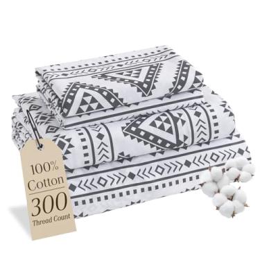 Imagem de MCO Jogo de lençol 100% algodão estampado floral, conjunto de lençóis Queen de algodão 300 fios, bolso profundo de 40,6 cm, lençóis refrescantes respiráveis, 4 peças (Queen, boho preto)