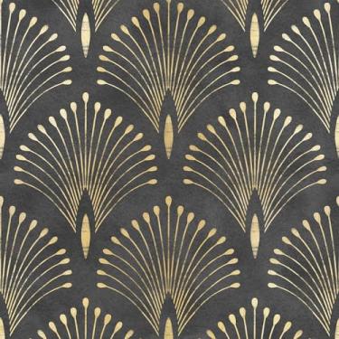Imagem de Livelynine Papel de parede Art Déco preto e dourado de 44,5 x 701 cm Papel de parede abstrato pavão rolos pré-colados papel de contato preto vintage impermeável vinil geométrico revestimentos de