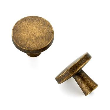 Imagem de JOY DECOR Pacote com 10 maçanetas de armário de cozinha maciças puxadores de gaveta de 3,5 cm Puxadores de gaveta de latão antigo para gavetas de cômoda Puxador de porta de armário redondo puxador de