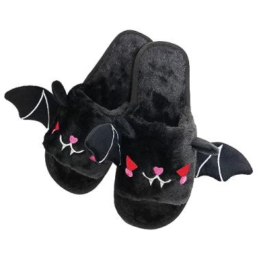 Imagem de Chinelos de morcego animal de Halloween macios de pelúcia aconchegante dedo aberto feminino chinelos felpudos internos ou externos presentes de Halloween para meninas mulheres namorada, Preto, 9-10